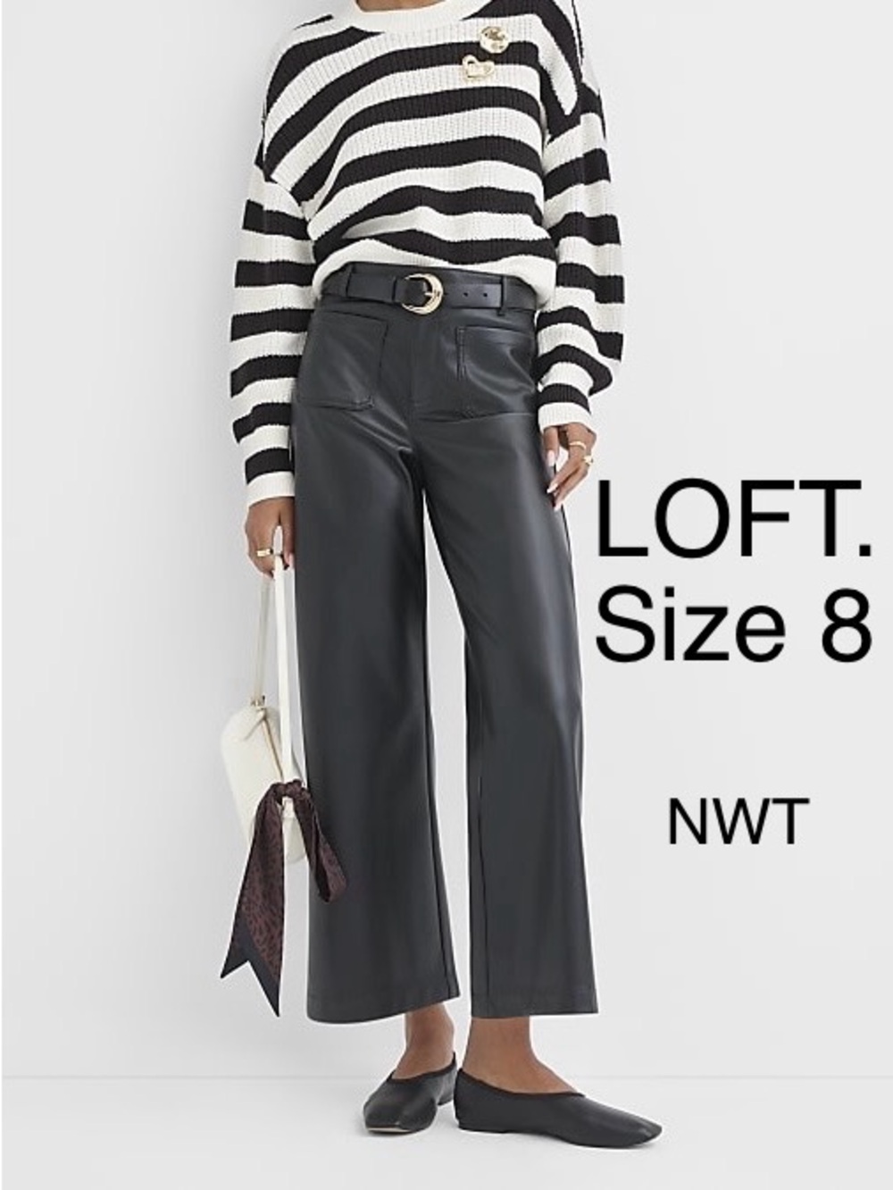 LOFT Black Faux Leather Wide-Leg Pants Curvy Cropped